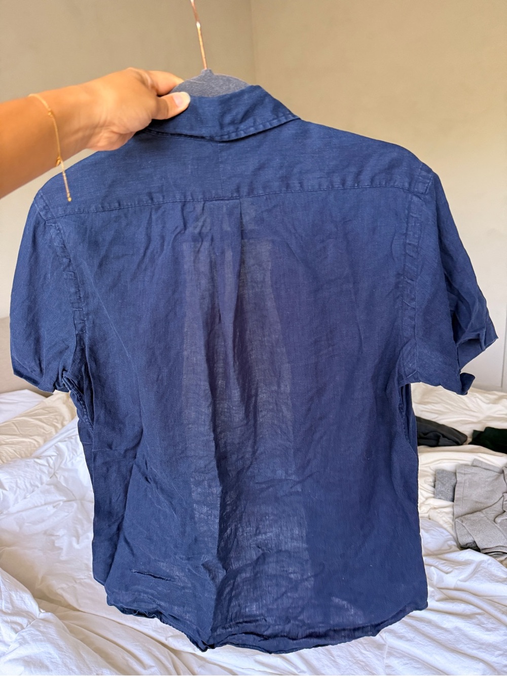 Ralph Lauren Navy Linen Short-Sleeve Button-Down Shirt with Red Pony - Picture 2 of 4